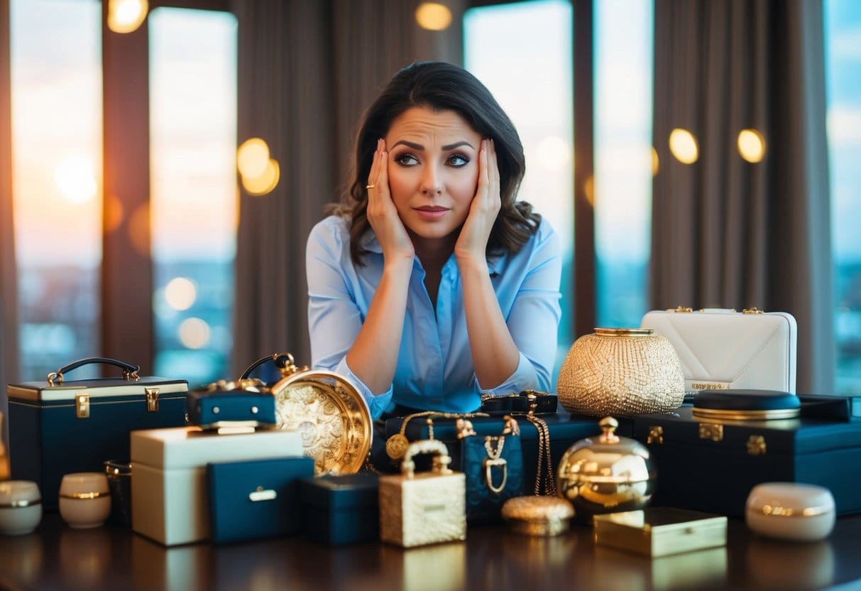 A woman surrounded by luxurious items looking overwhelmed